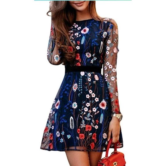 Blue Colorful Sheer Mesh Floral Embroidered Dress M Fit & Flare Garden Party - Picture 1 of 6